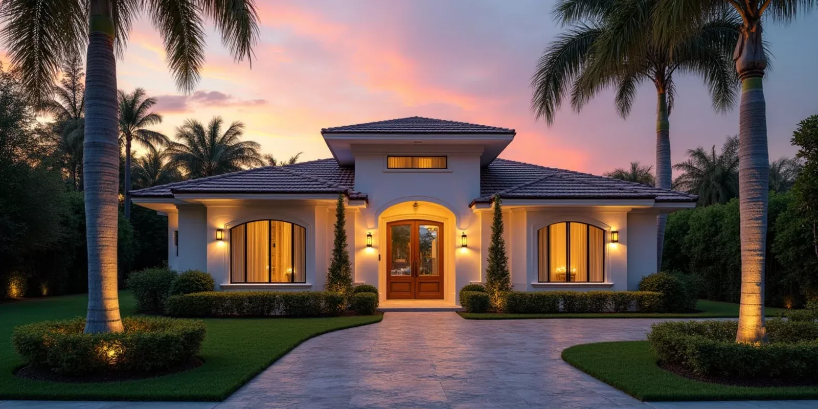 Vivienda unifamiliar en Miami-Dade con jardín y entrada de garaje al atardecer
