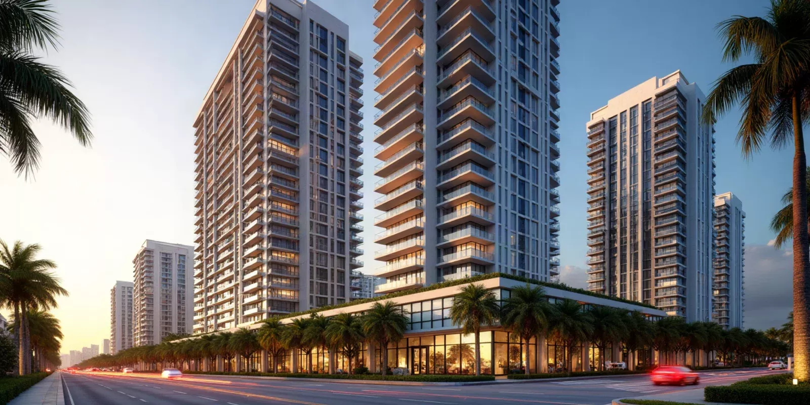 Vista de los edificios residenciales de Brickell en Miami al atardecer