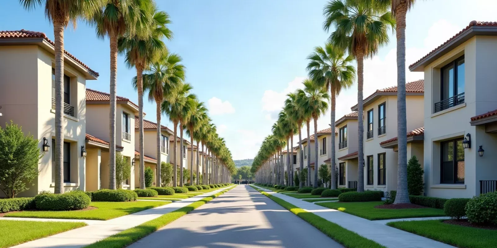 Calle residencial arbolada con casas familiares en Doral, Miami-Dade