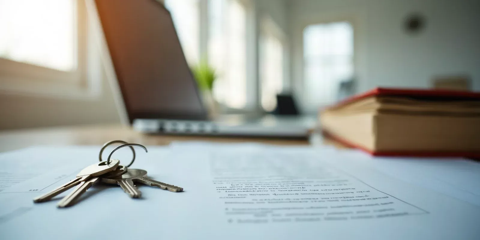 Mesa de trabajo con documentos y llaves de una vivienda recien comprada