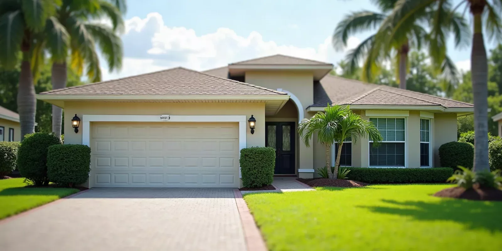 Fachada de una vivienda unifamiliar con cartel de venta en un barrio del sur de Florida