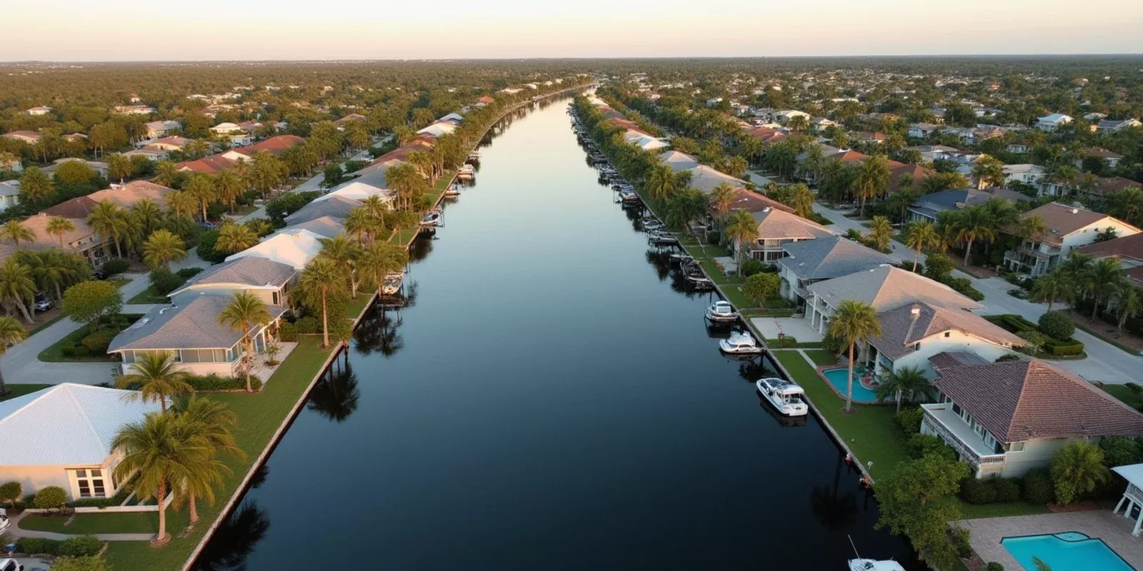 Vista aerea de un vecindario residencial del sur de Florida con casas y canales