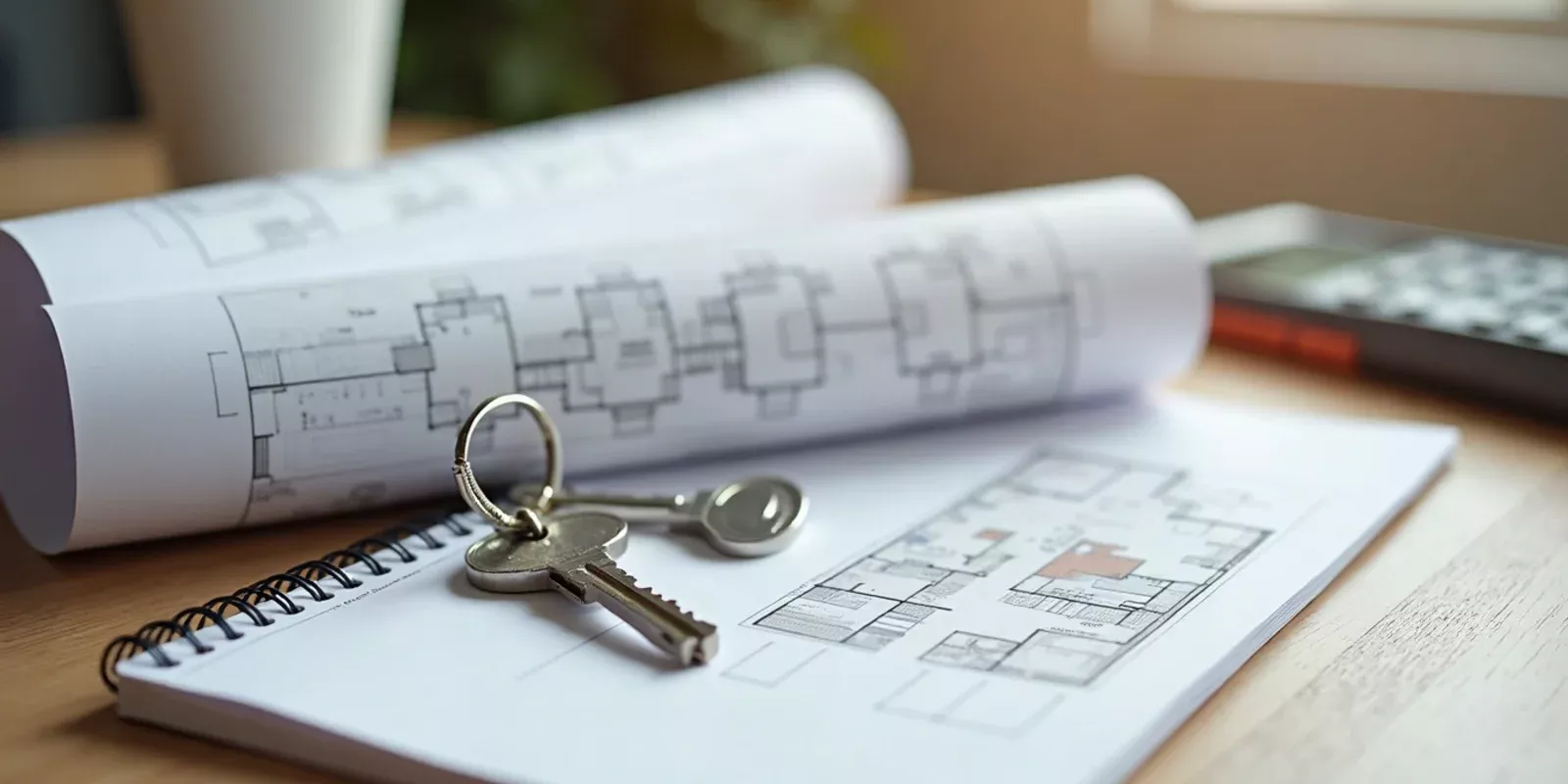Llaves sobre un plano de vivienda junto a una libreta de notas
