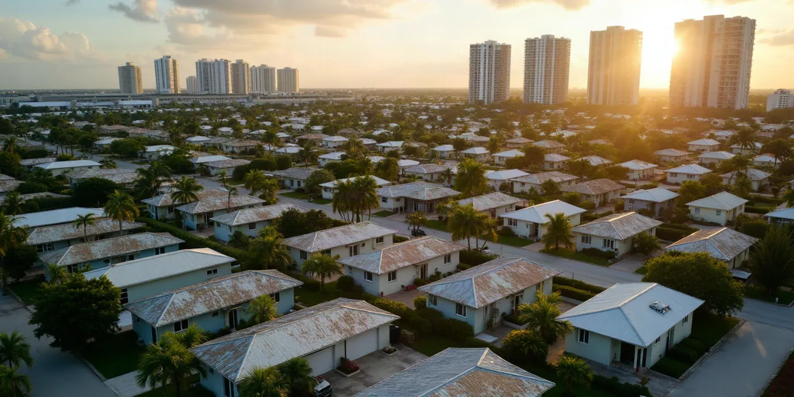 Vista aérea de un barrio residencial de Miami-Dade con casas unifamiliares y edificios de condominios