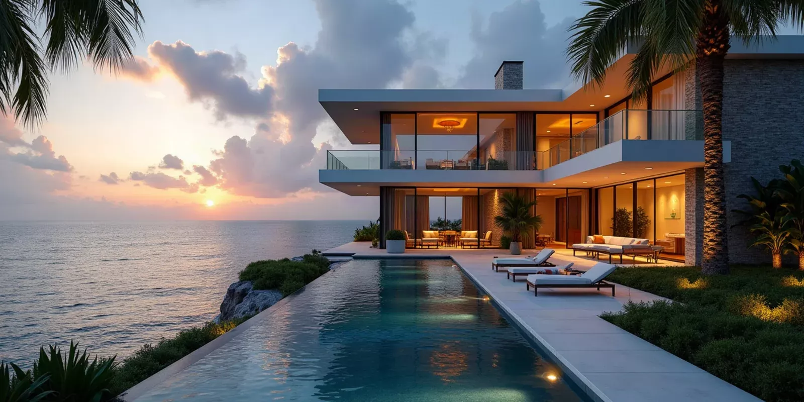 Fachada de una residencia de lujo frente al agua en Miami-Dade al atardecer