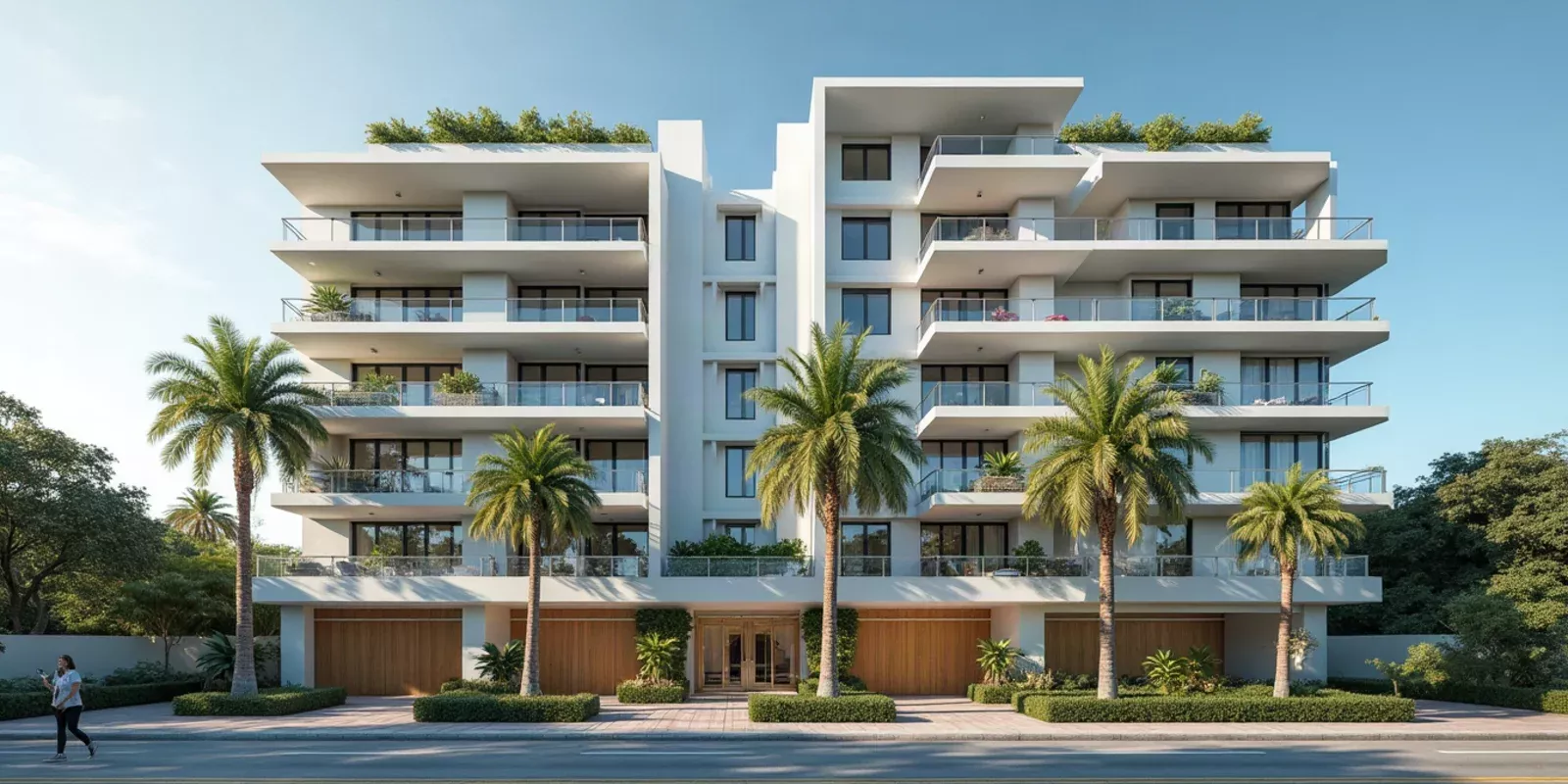 Edificio de condominios de varias plantas en Miami-Dade visto desde la calle en un día despejado