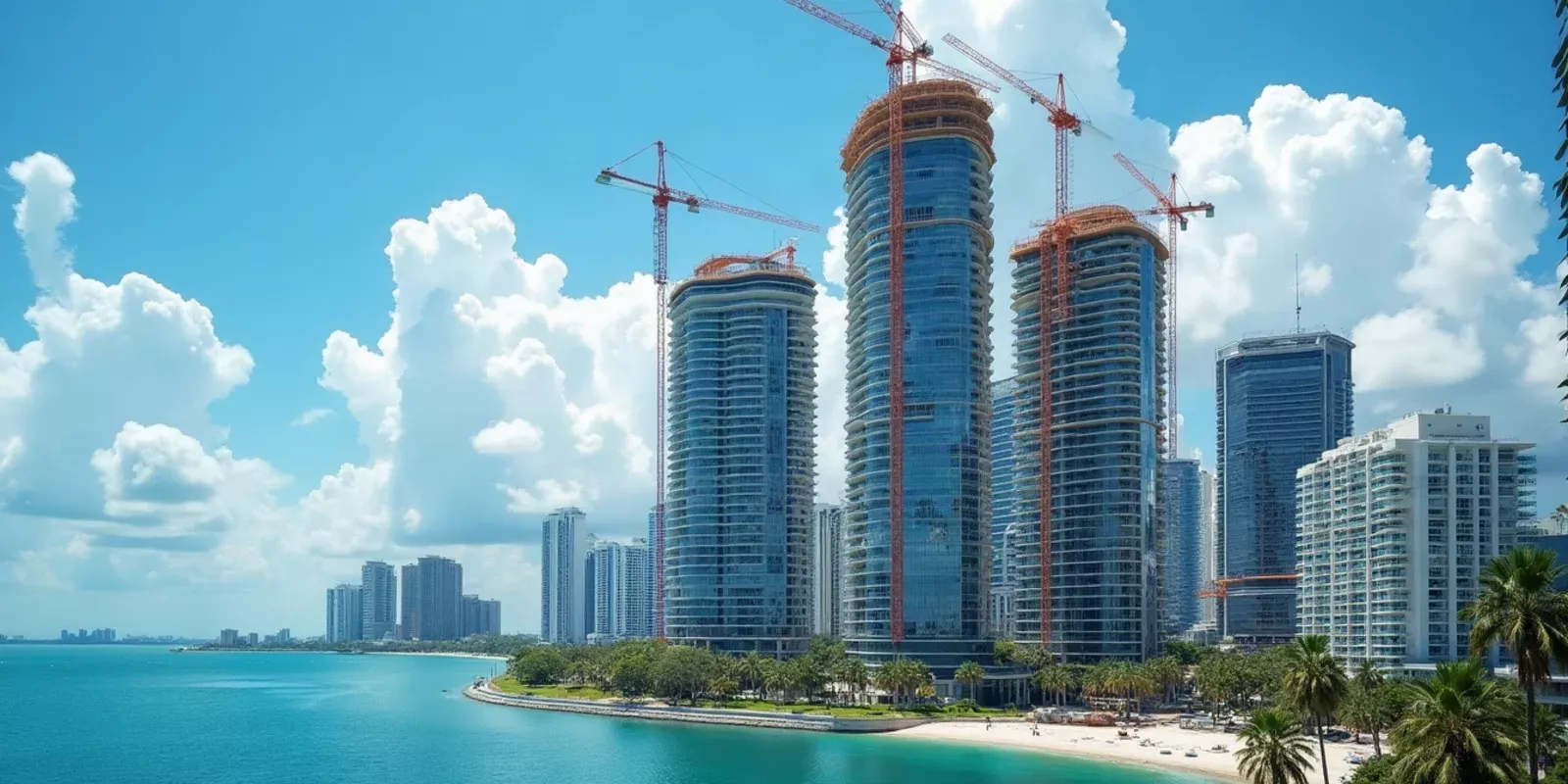Grúas de construcción de un edificio residencial en desarrollo junto a torres terminadas en Miami