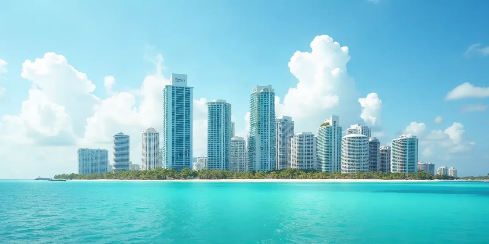 Vista del horizonte de edificios residenciales de Miami desde la bahía en un día claro