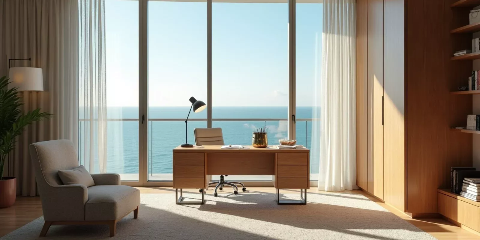 Escritorio con documentos, pasaporte y una llave de vivienda junto a una ventana con vista a Miami