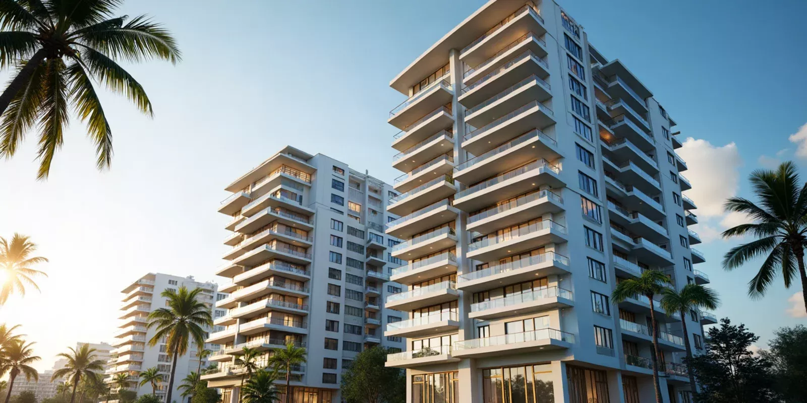 Torres de condominios en Miami-Dade vistas desde la calle en un día despejado