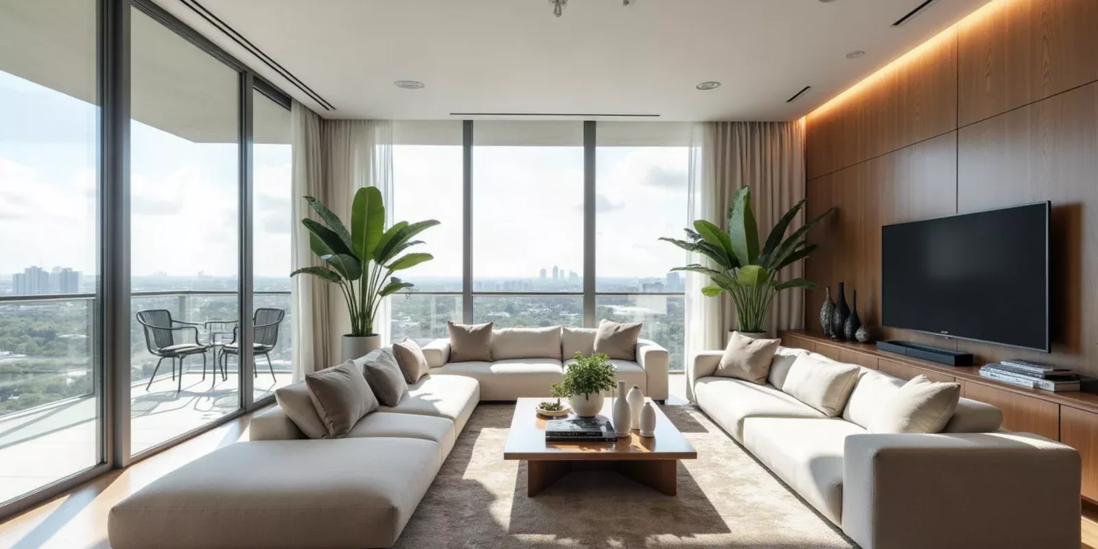 Sala de estar de un condominio en Miami con ventanal de piso a techo y vista a la ciudad