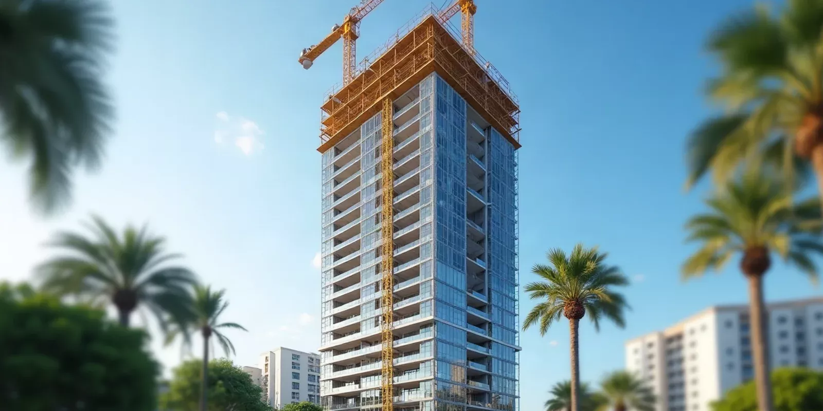 Torre residencial en construcción en Miami con grúa y estructura de hormigón bajo cielo despejado