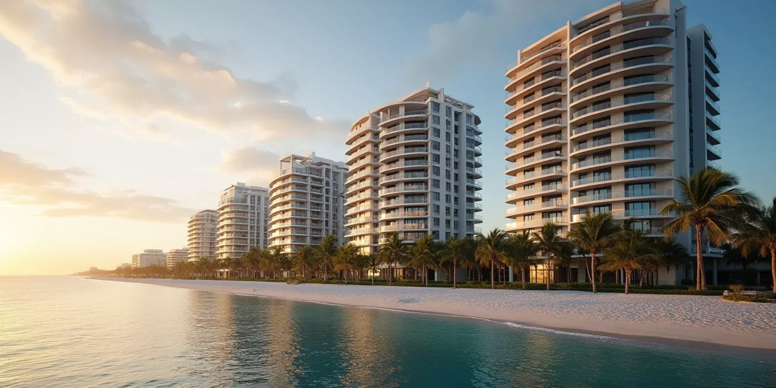 Edificio de condominios frente al agua en Miami-Dade con balcones y palmeras al amanecer