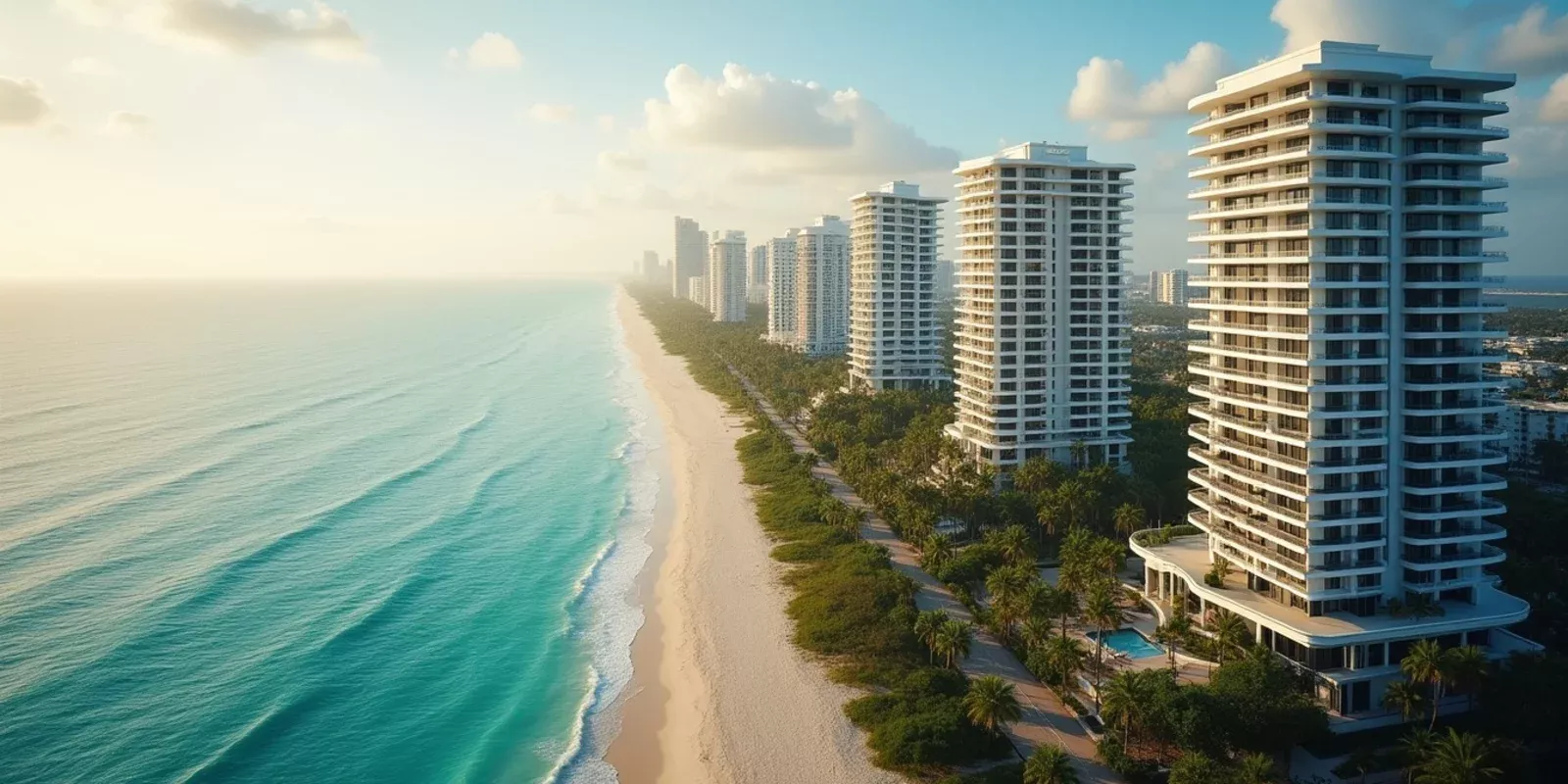 Torres residenciales frente a la costa de Miami con el mar y la playa en primer plano
