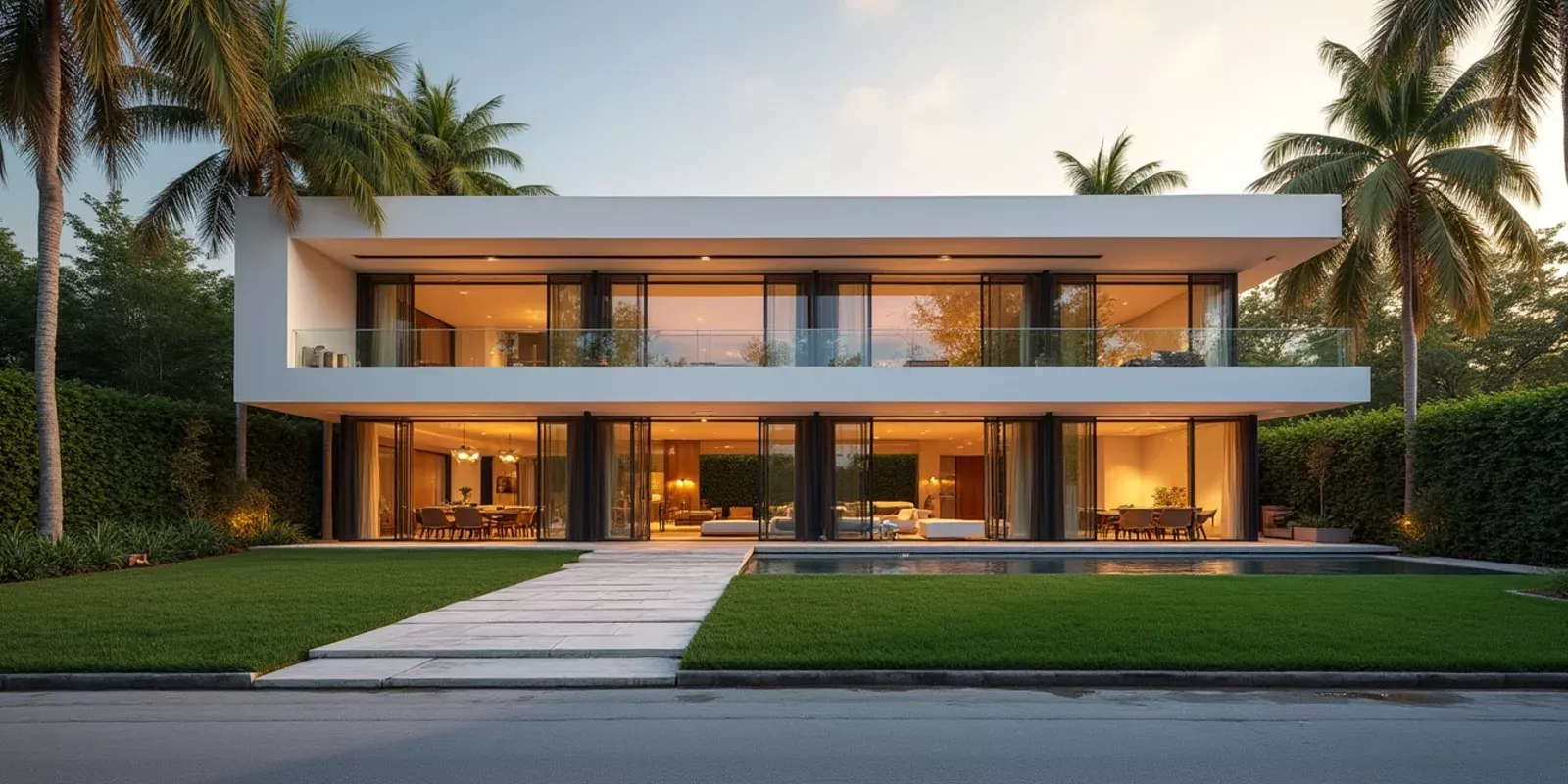 Fachada de una vivienda unifamiliar contemporánea en Miami-Dade con jardín y palmeras