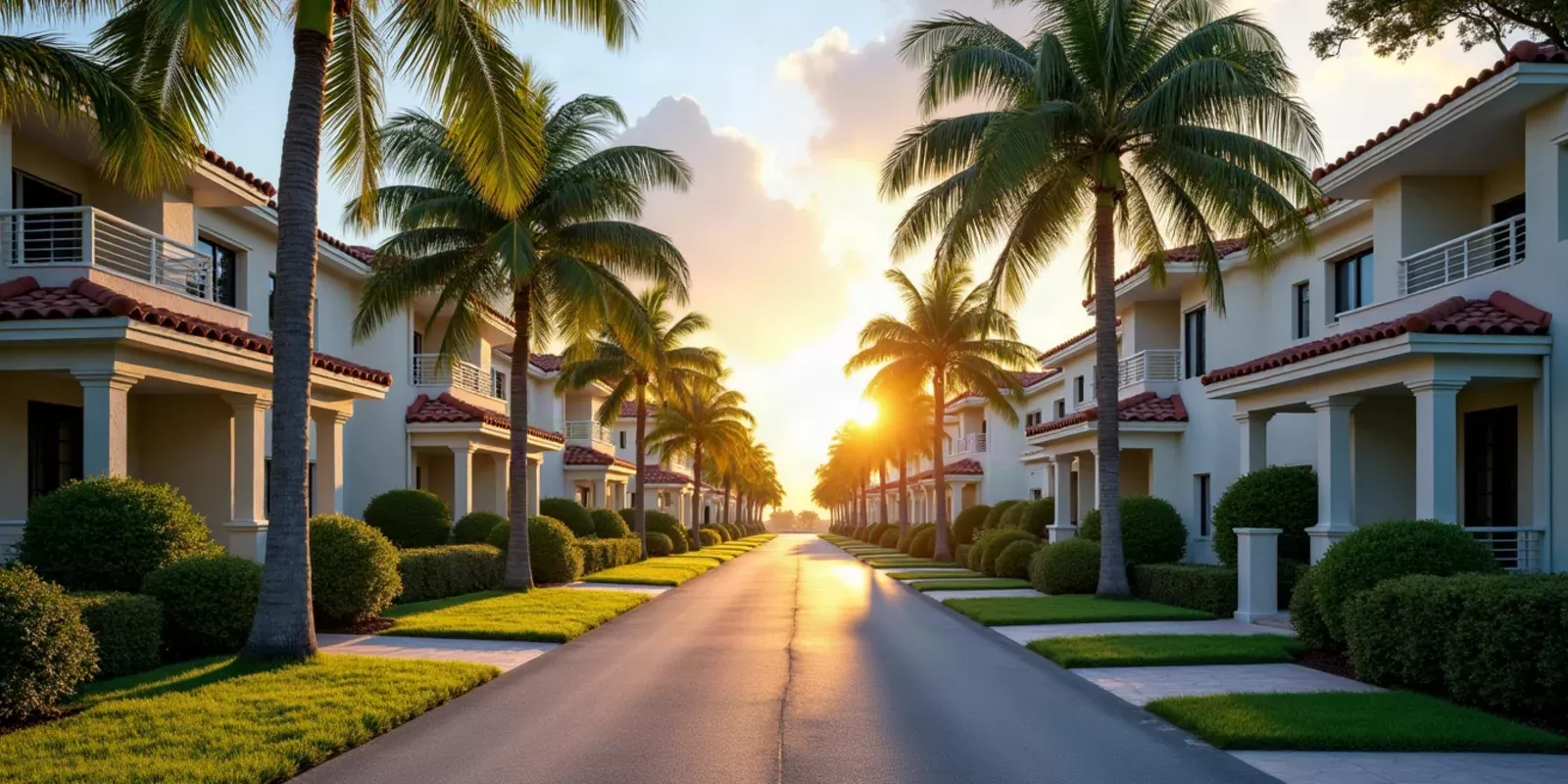 Vista residencial de Miami-Dade con viviendas, palmeras y cielo despejado