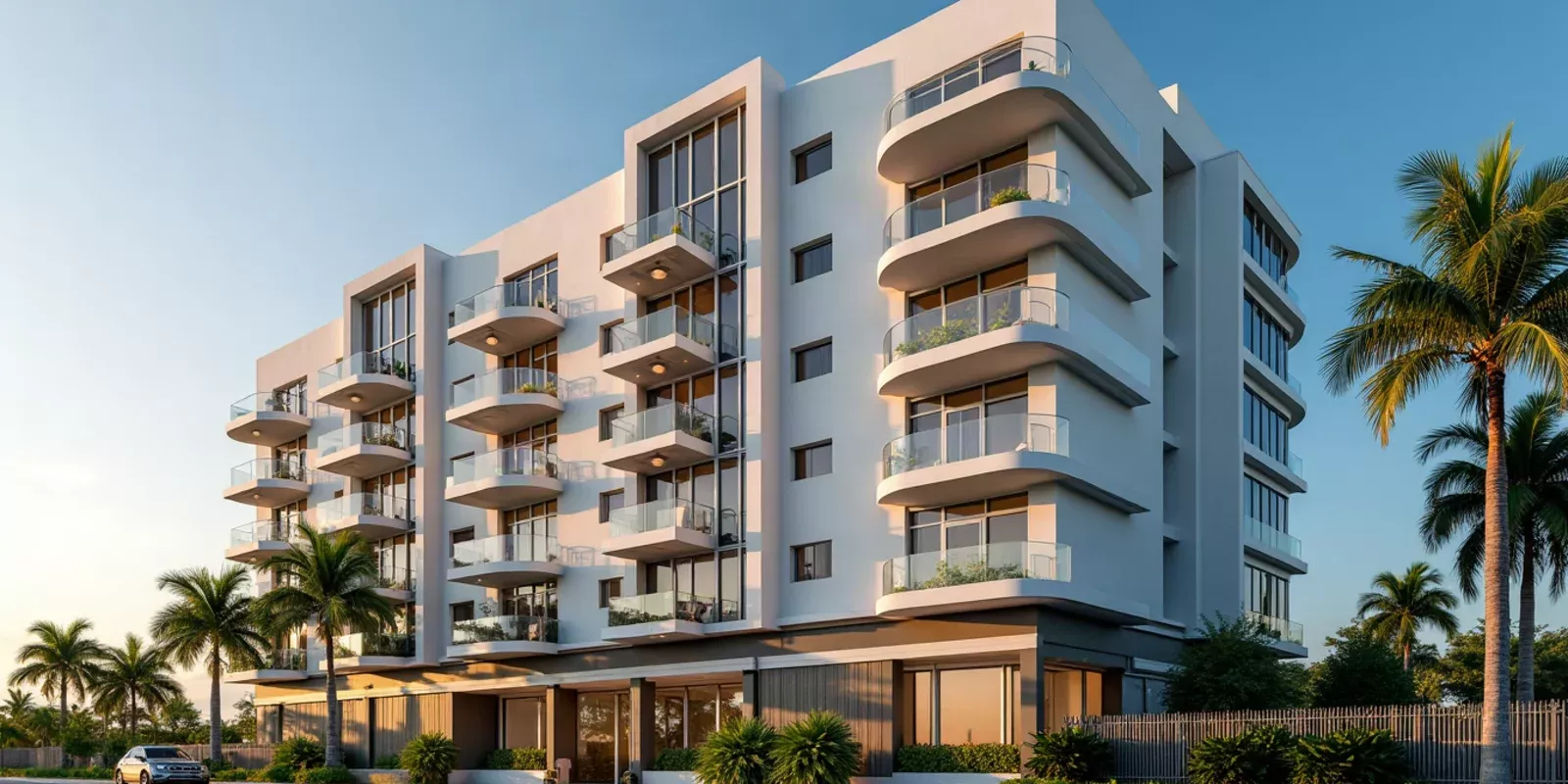 Edificio residencial de condominios en Miami-Dade visto desde el exterior con palmeras