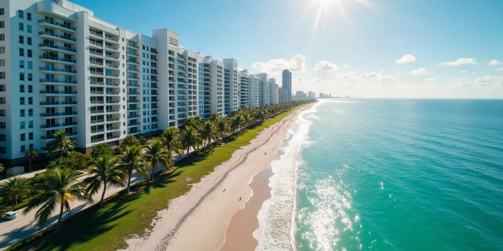 Edificios de condominios frente a la playa en Miami Beach con palmeras y arena