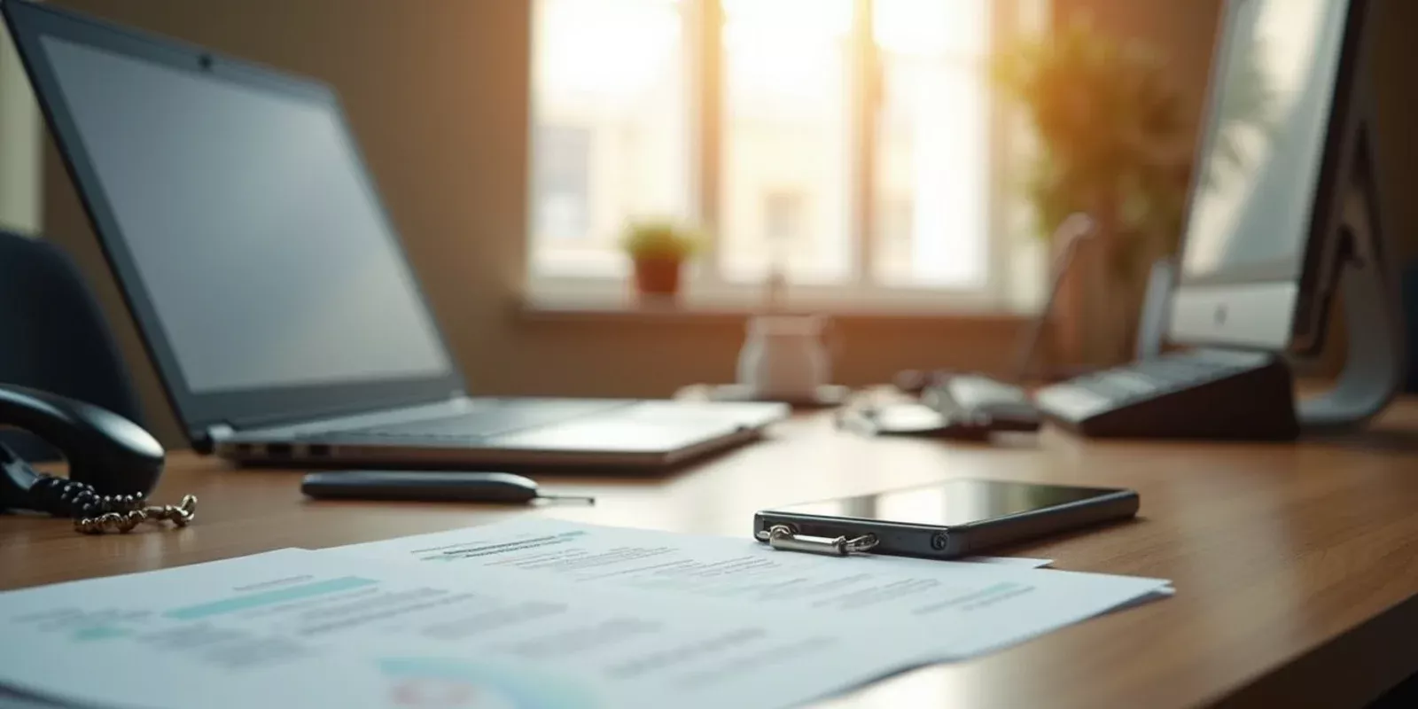 Oficina de cierre inmobiliario con documentos y computadora sobre la mesa
