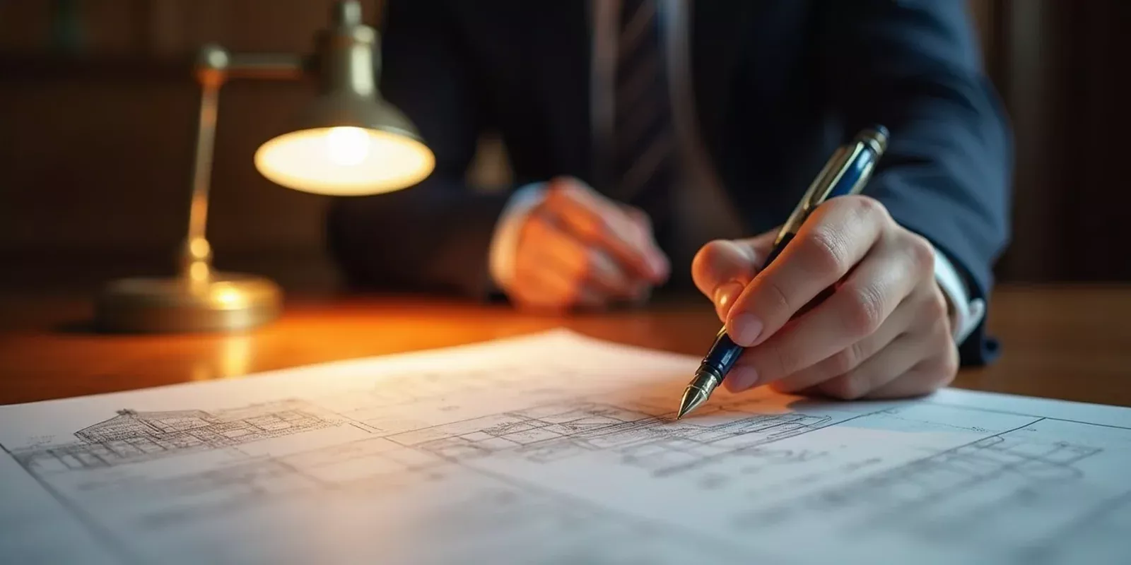 Documentos de escritura y planos de una propiedad sobre un escritorio de oficina