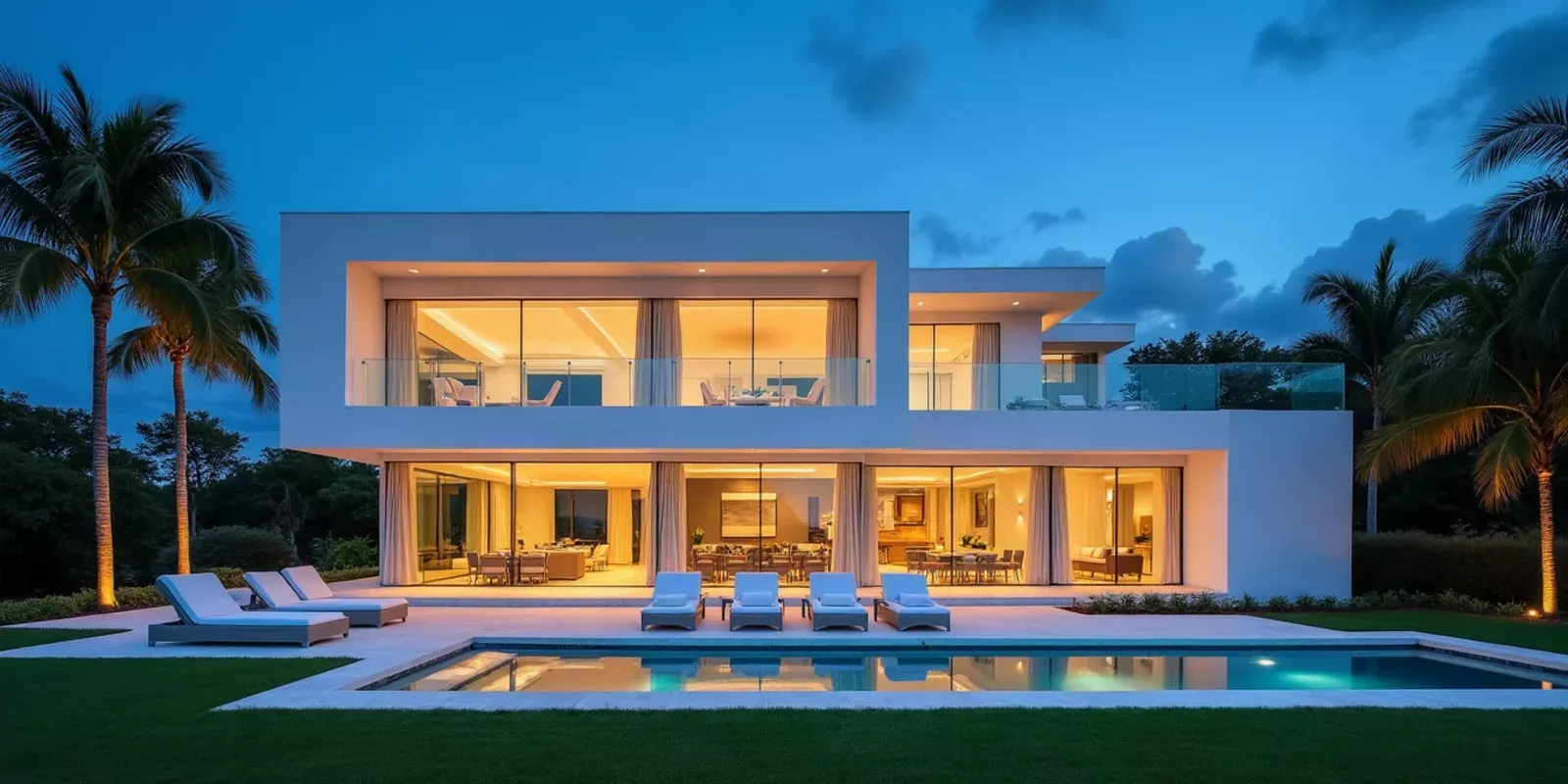 Fachada de una residencia contemporánea en el sur de Florida al atardecer