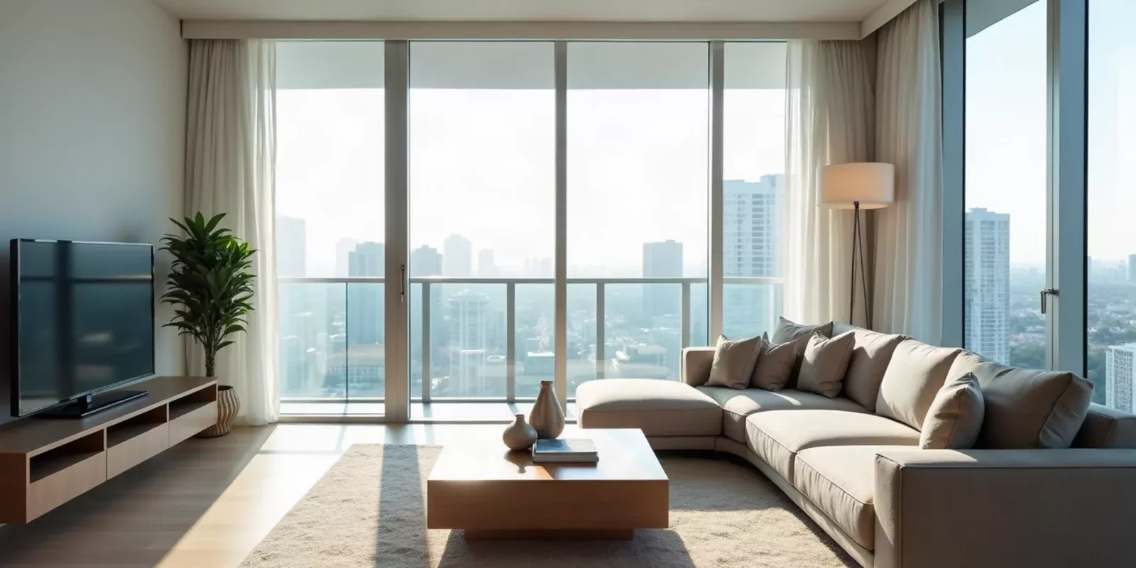 Sala de estar amueblada de un apartamento moderno con vista a la ciudad