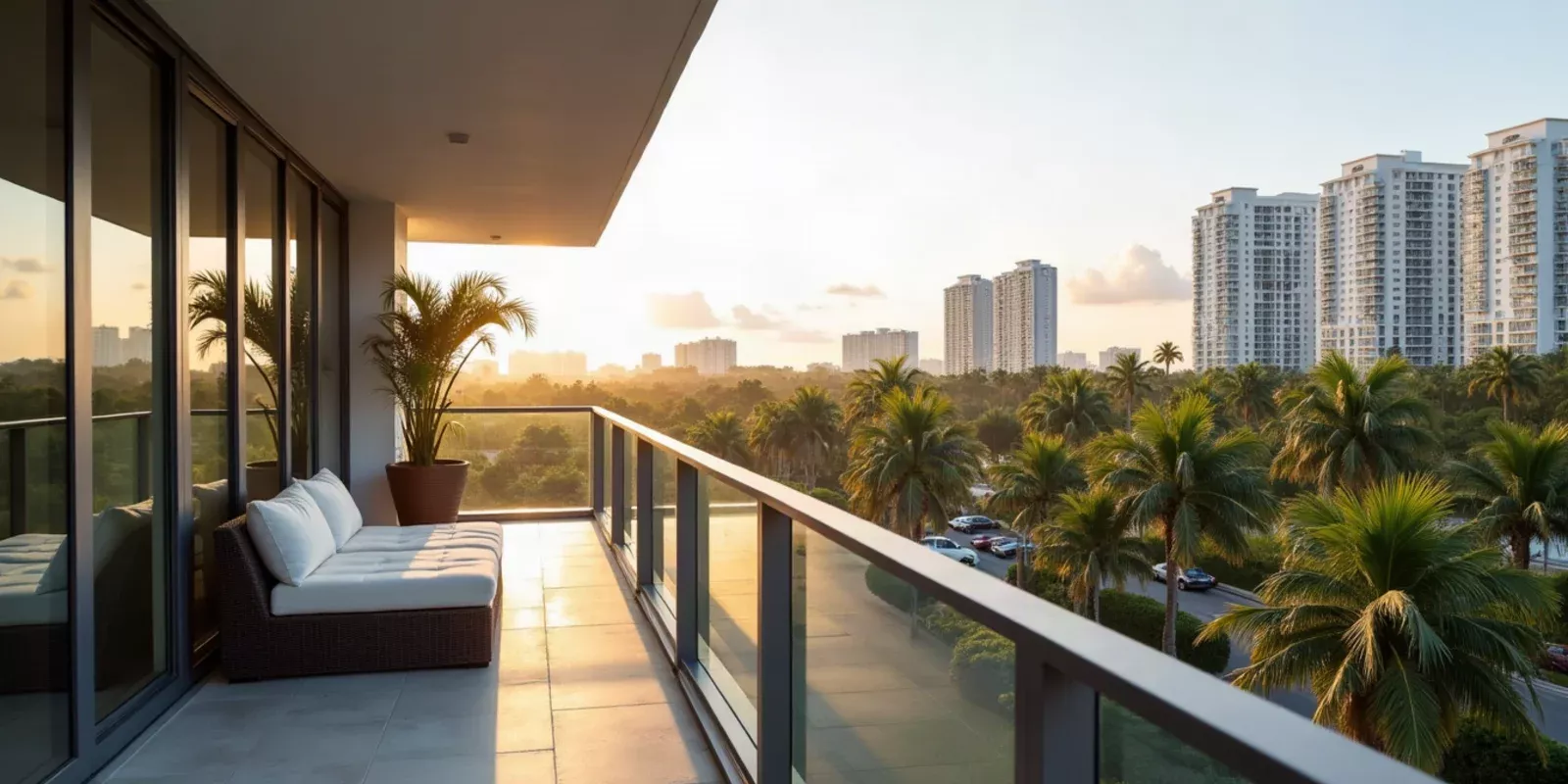 Balcón de un apartamento con vista a edificios residenciales de Miami