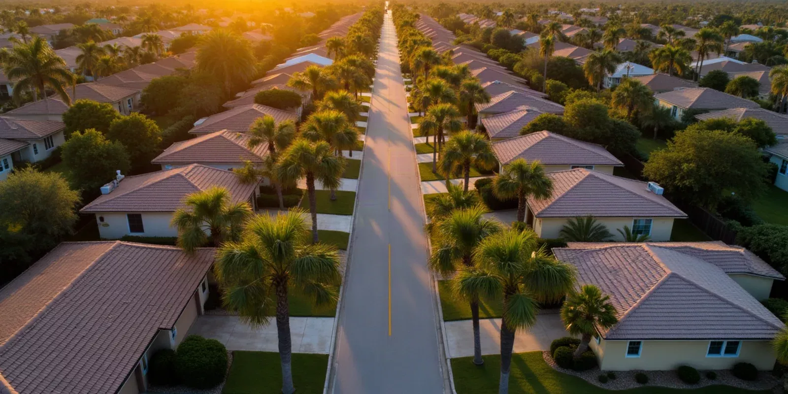 Vista aérea de un vecindario residencial de casas unifamiliares en Miami-Dade al atardecer