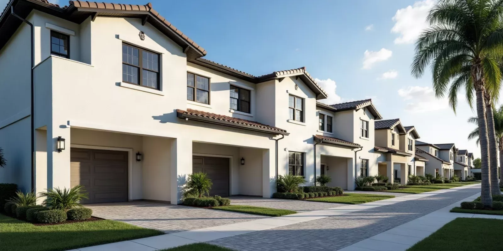 Fachadas de townhouses y casas unifamiliares en una comunidad residencial de Miami-Dade