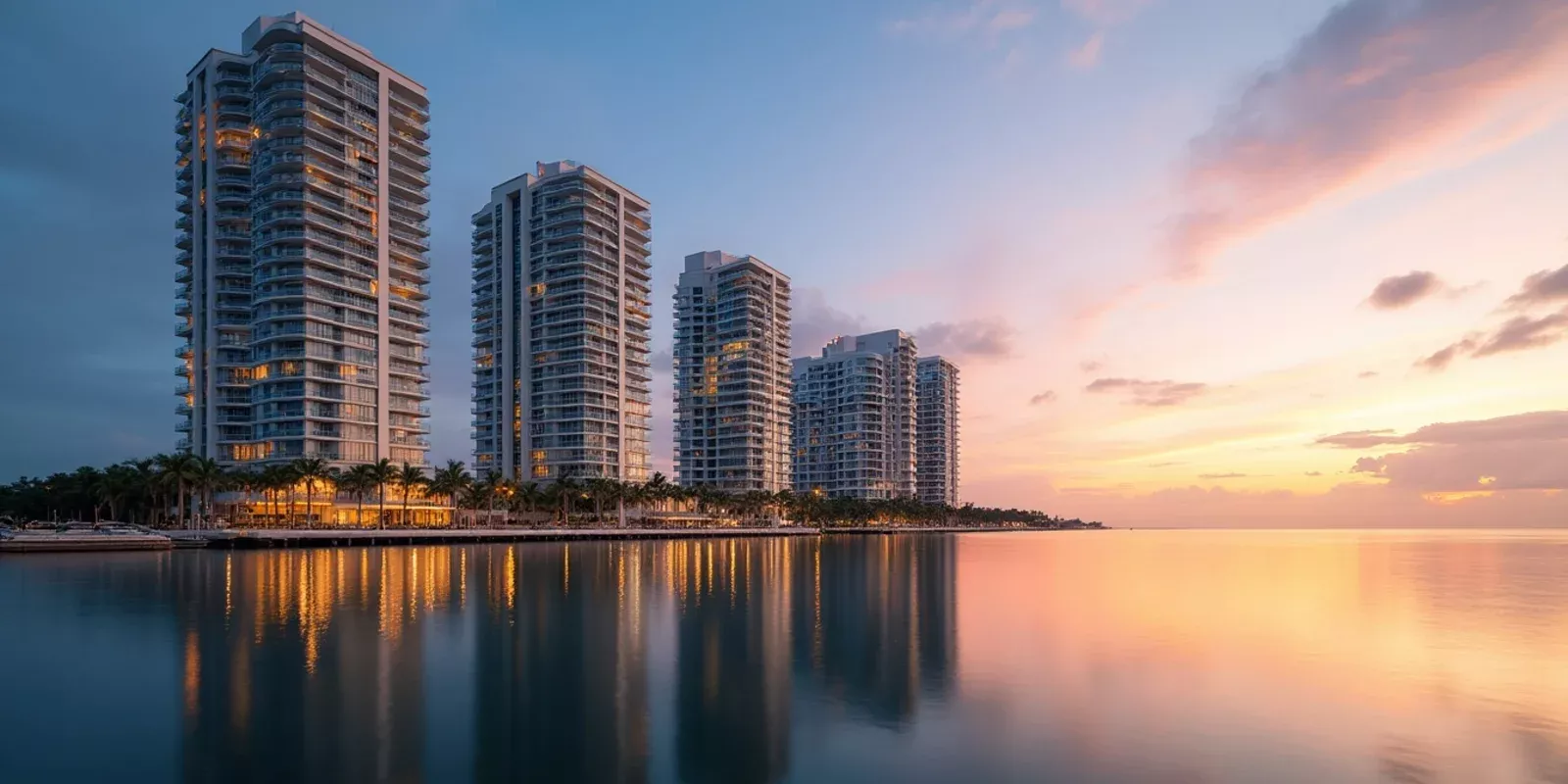 Torres residenciales de condominios frente a la bahía en el área de Miami al atardecer