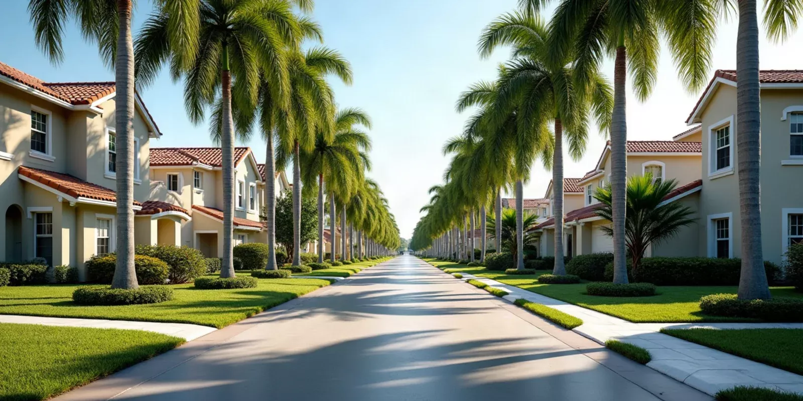 Calle arbolada de un vecindario residencial en Miami-Dade con viviendas y aceras