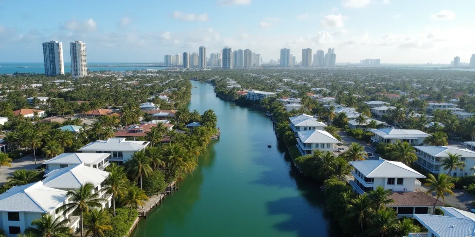 Vista aérea de viviendas y edificios residenciales de Miami-Dade junto al agua