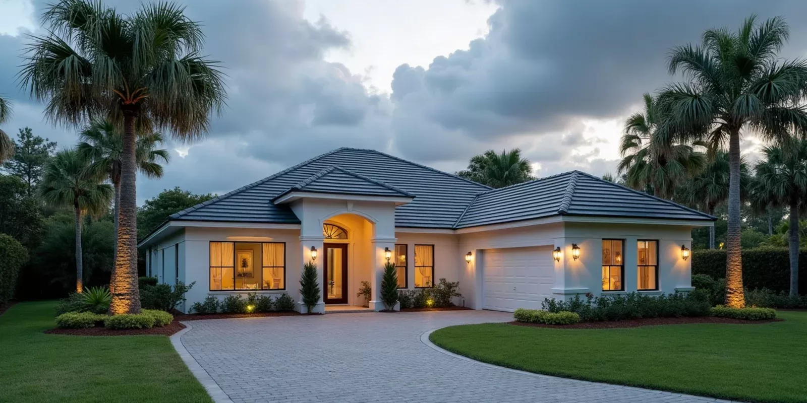 Casa unifamiliar con palmeras bajo un cielo nublado en el sur de Florida