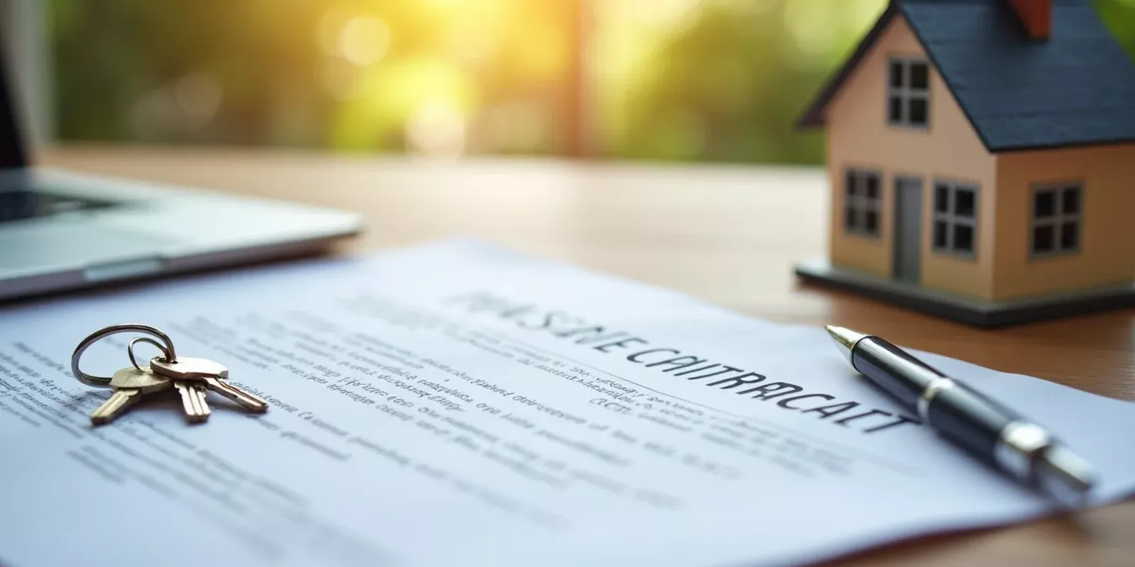Contrato de compraventa sobre un escritorio con bolígrafo, llaves y una maqueta de casa