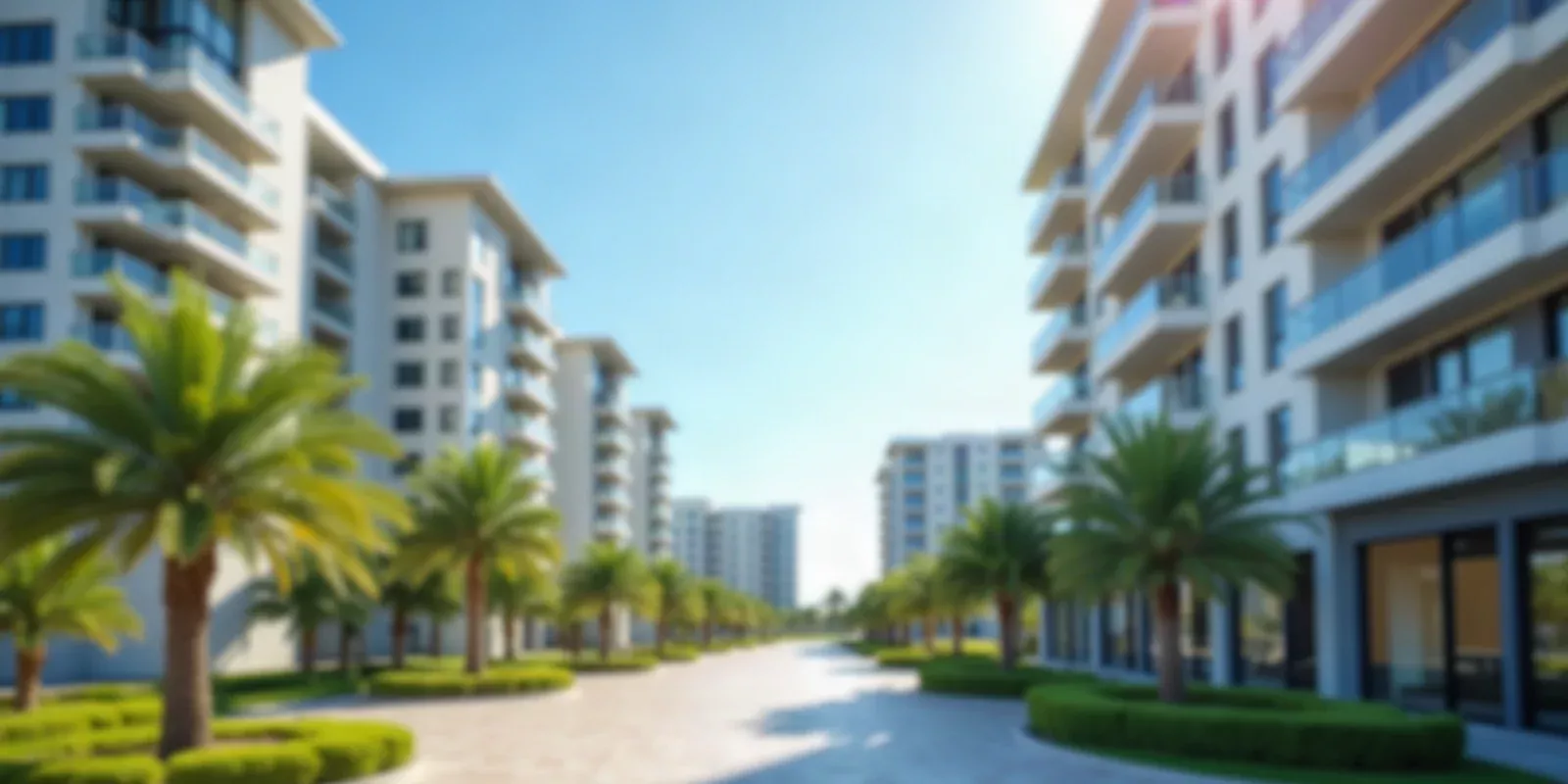 Edificios residenciales modernos y paseo peatonal arbolado en un distrito urbano del sur de Florida