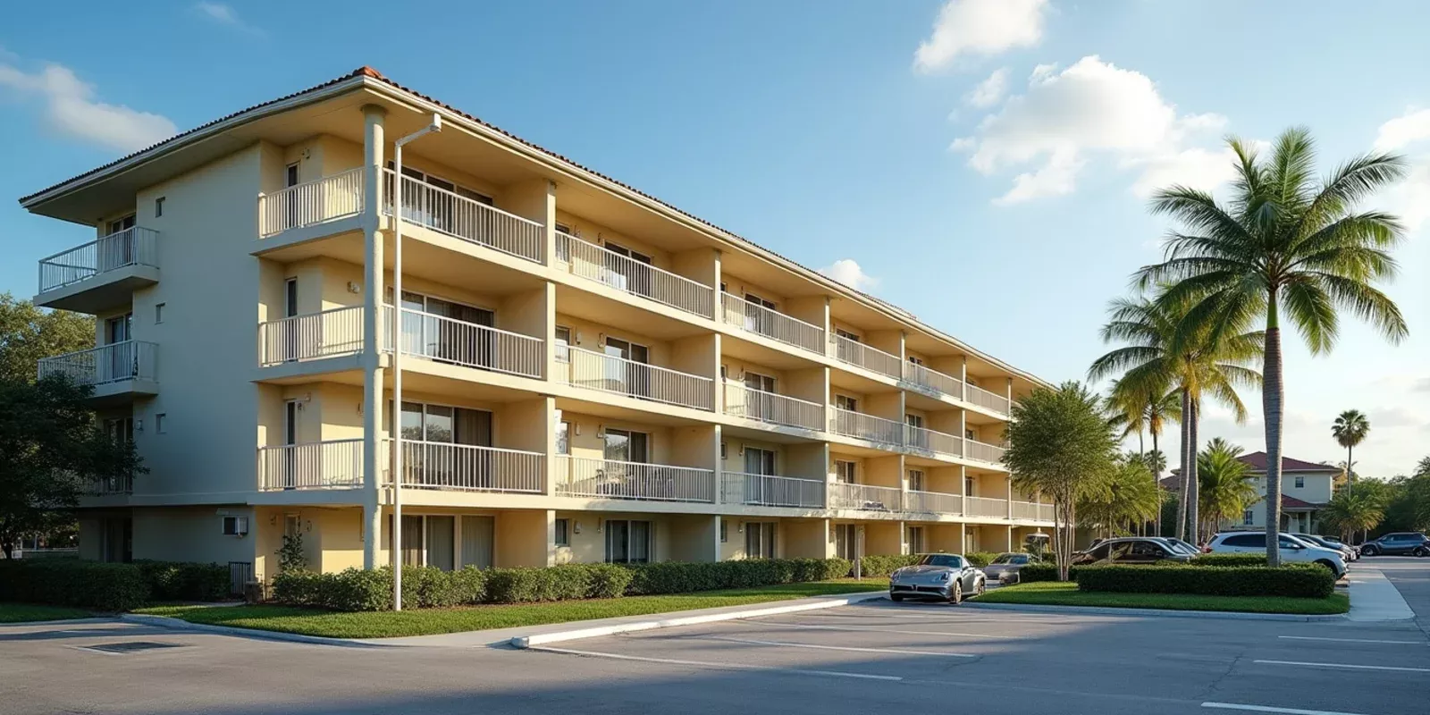 Edificio residencial de apartamentos de alquiler de baja altura con palmeras