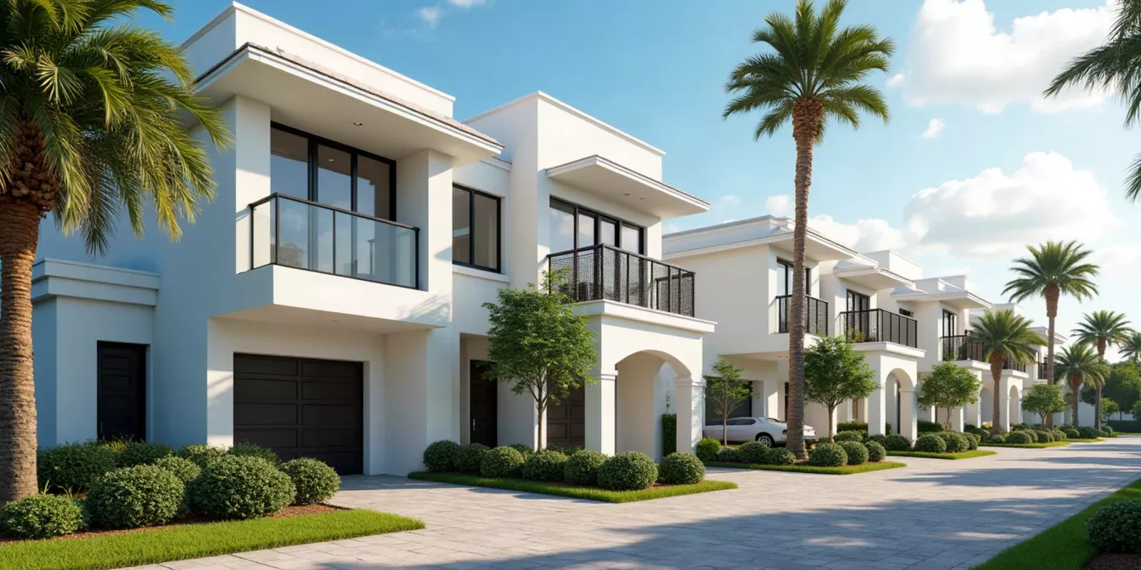 Hilera de townhouses modernos de dos plantas en una comunidad residencial