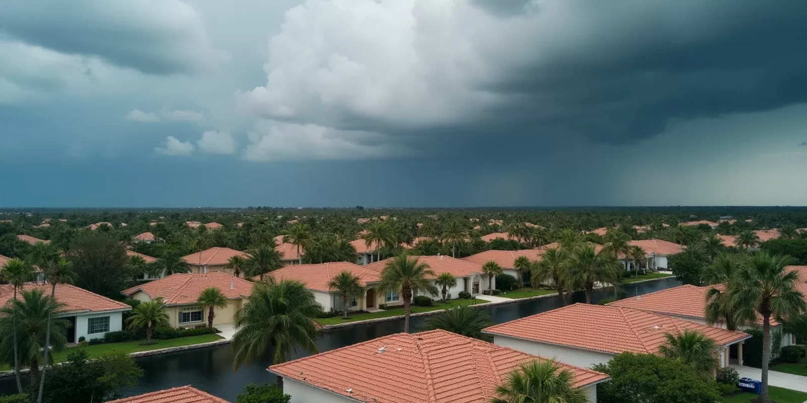 Vista aérea de un barrio residencial del sur de Florida bajo cielo nublado antes de una tormenta