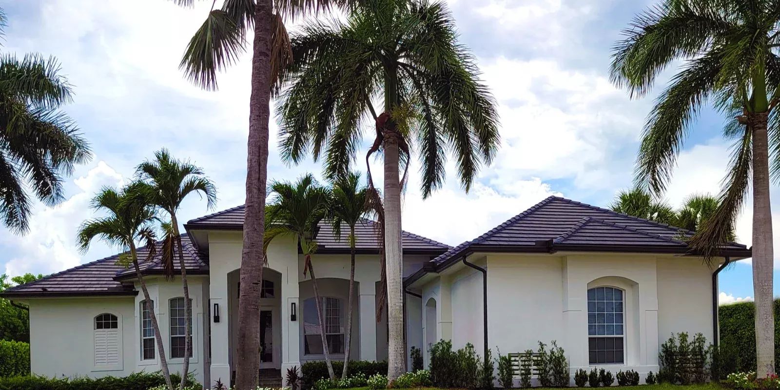 Fachada blanca de una vivienda unifamiliar rodeada de palmeras en un barrio tropical