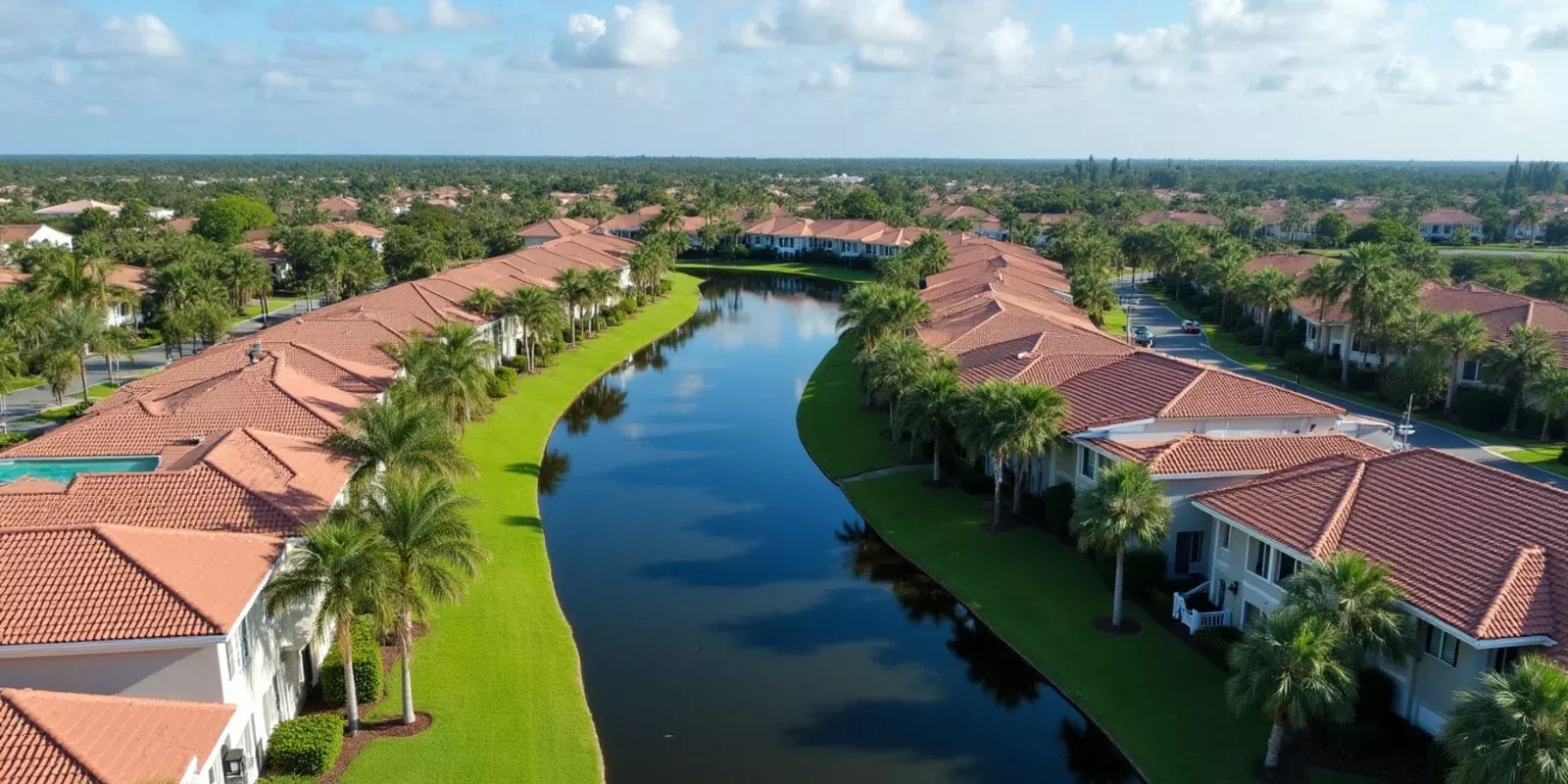Vista de un barrio residencial de Doral con townhouses, lagos y palmeras