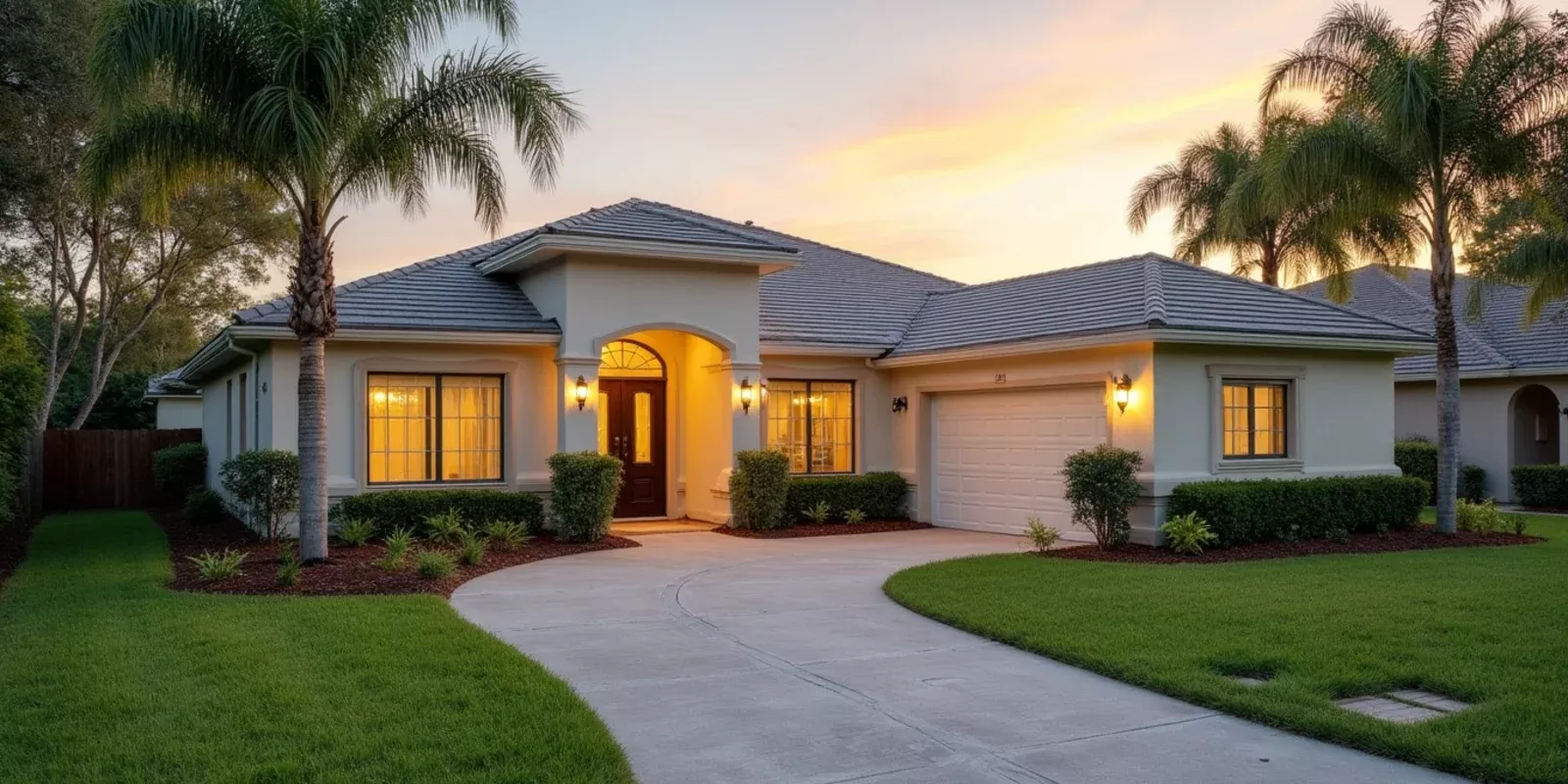 Casa unifamiliar de una planta en Florida con jardín cuidado al atardecer