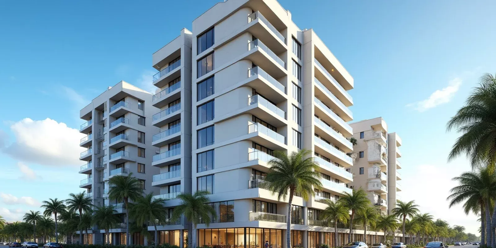 Edificio de condominios de altura media en Miami visto desde la calle