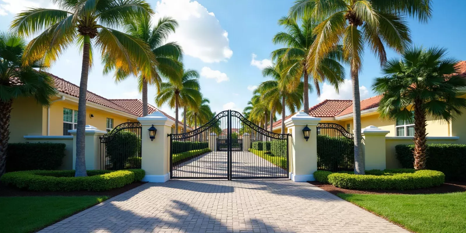 Entrada de una comunidad residencial cerrada con jardines y palmeras en el oeste de Miami-Dade