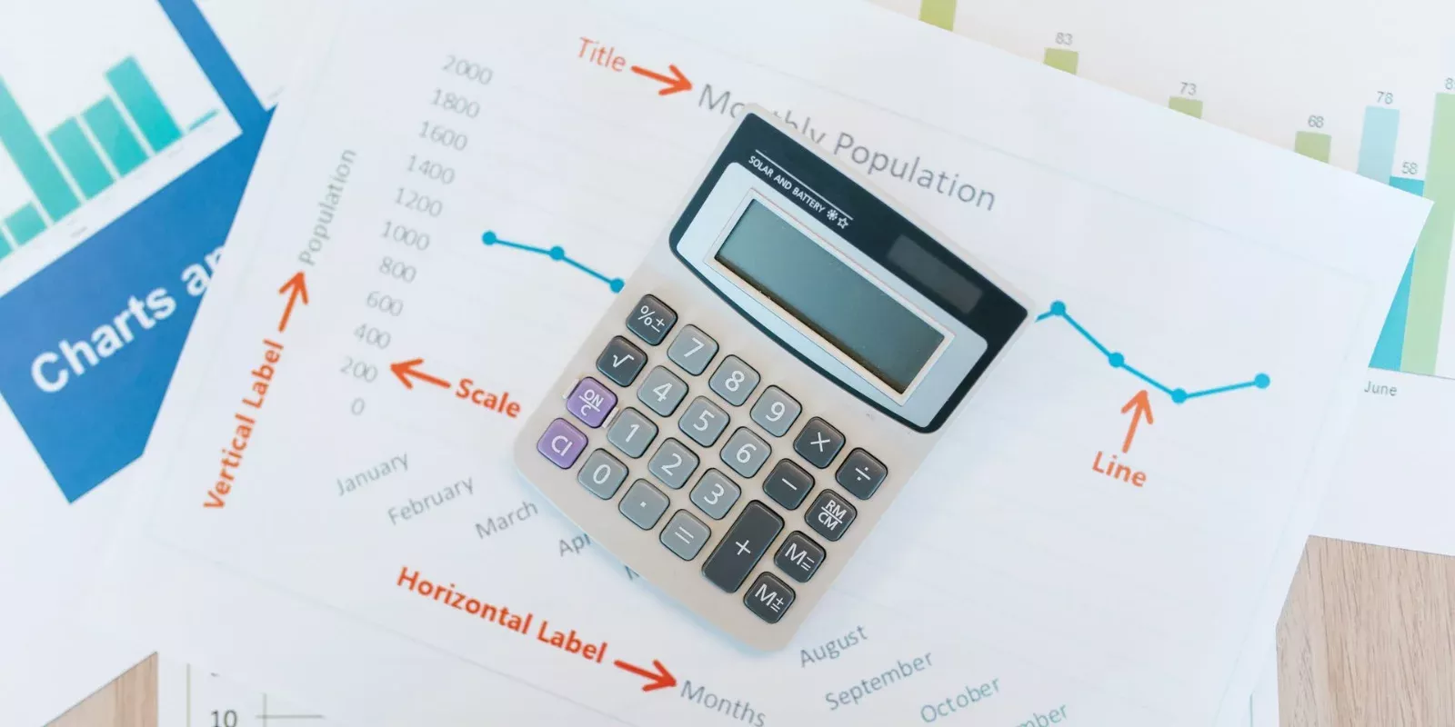 Calculadora sobre gráficos financieros impresos en un escritorio