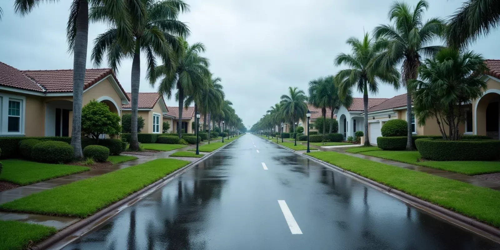 Calle residencial de Miami-Dade con agua acumulada tras una lluvia intensa